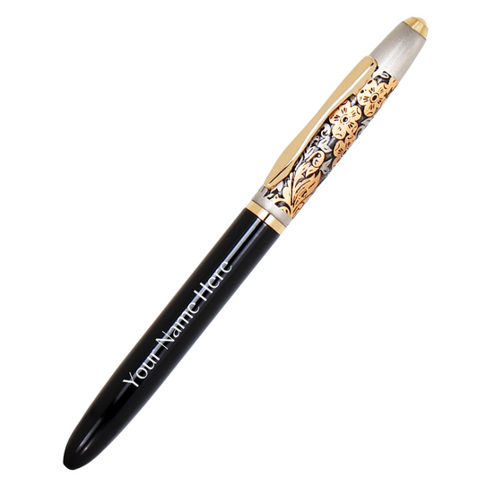 CrownLit Metallic Floral Design Magnetic Cap Roller Gel Pen, Customizable, Black and Gold