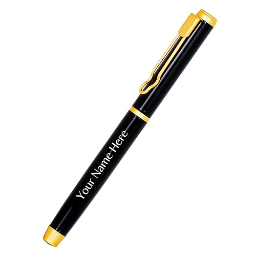 CrownLit Customizable Metal Pen with Laser Engraving, Black and Gold, Magnetic Cap, Roller Gel Ink