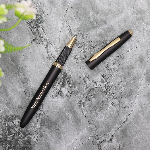 CrownLit Customizable Metal Pen with Laser Engraving, Magnetic Cap, Roller Ball Refillable, Black and Gol