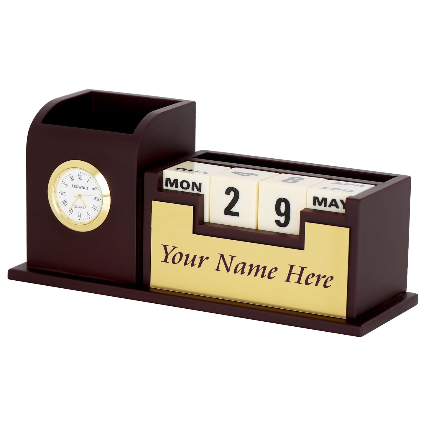 Wooden Desk Organizer Pen Stand with Calendar, Color : Gold & Silver