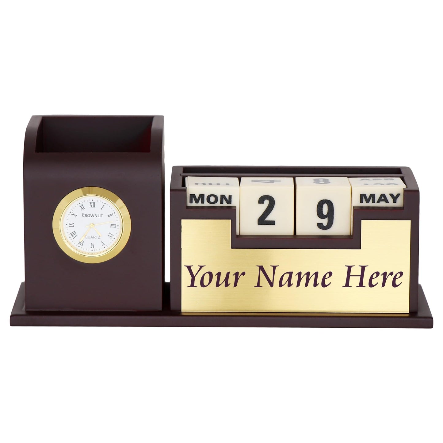 Wooden Desk Organizer Pen Stand with Calendar, Color : Gold & Silver