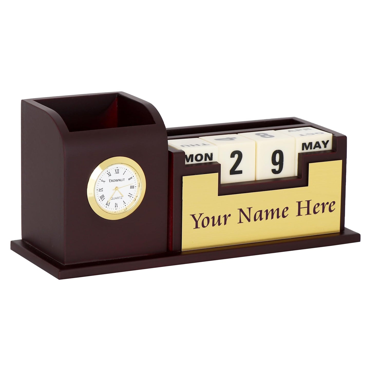 Wooden Desk Organizer Pen Stand with Calendar, Color : Gold & Silver