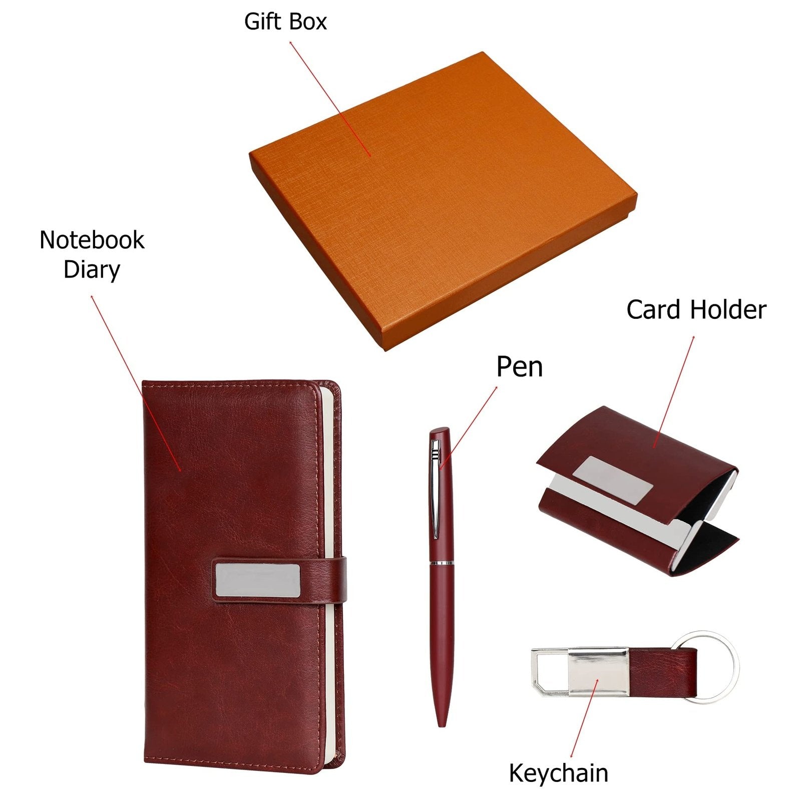 Personalised 4 in 1 Mini Diary Combo Set with Keychain Color Brown